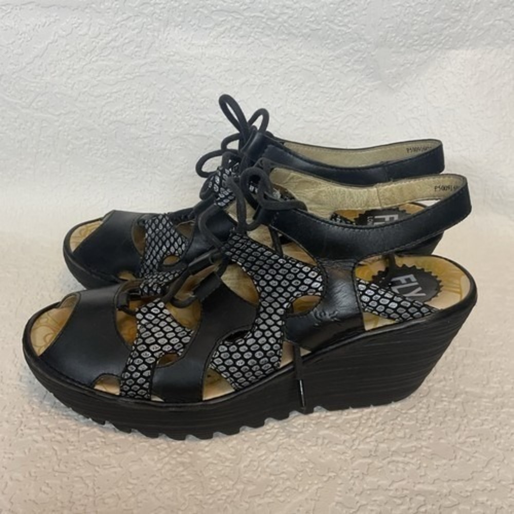 Fly London Black/Silver Lace Up Wedge Sandals Women 39/US8 China Leather